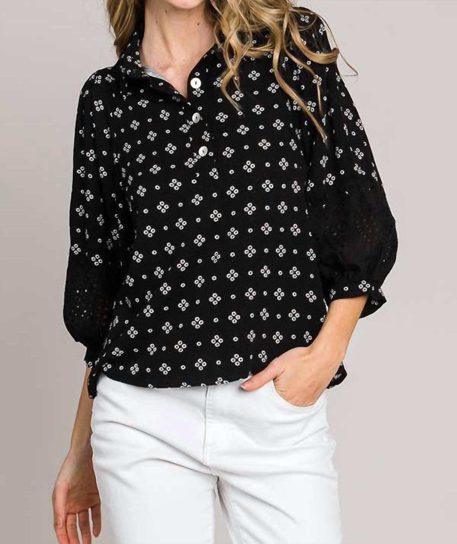 Cerule - Bracelet Sleeve with Embroidered Eyelet Lace Trim Blouse