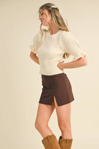 &Merci - Cable Knit Ruffled Puff Sleeve Sweater