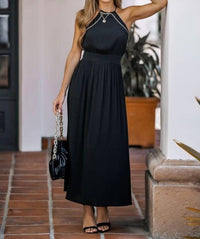 Lovestitch - High Neck Long Sleeve Beaded Open Back Maxi Dress
