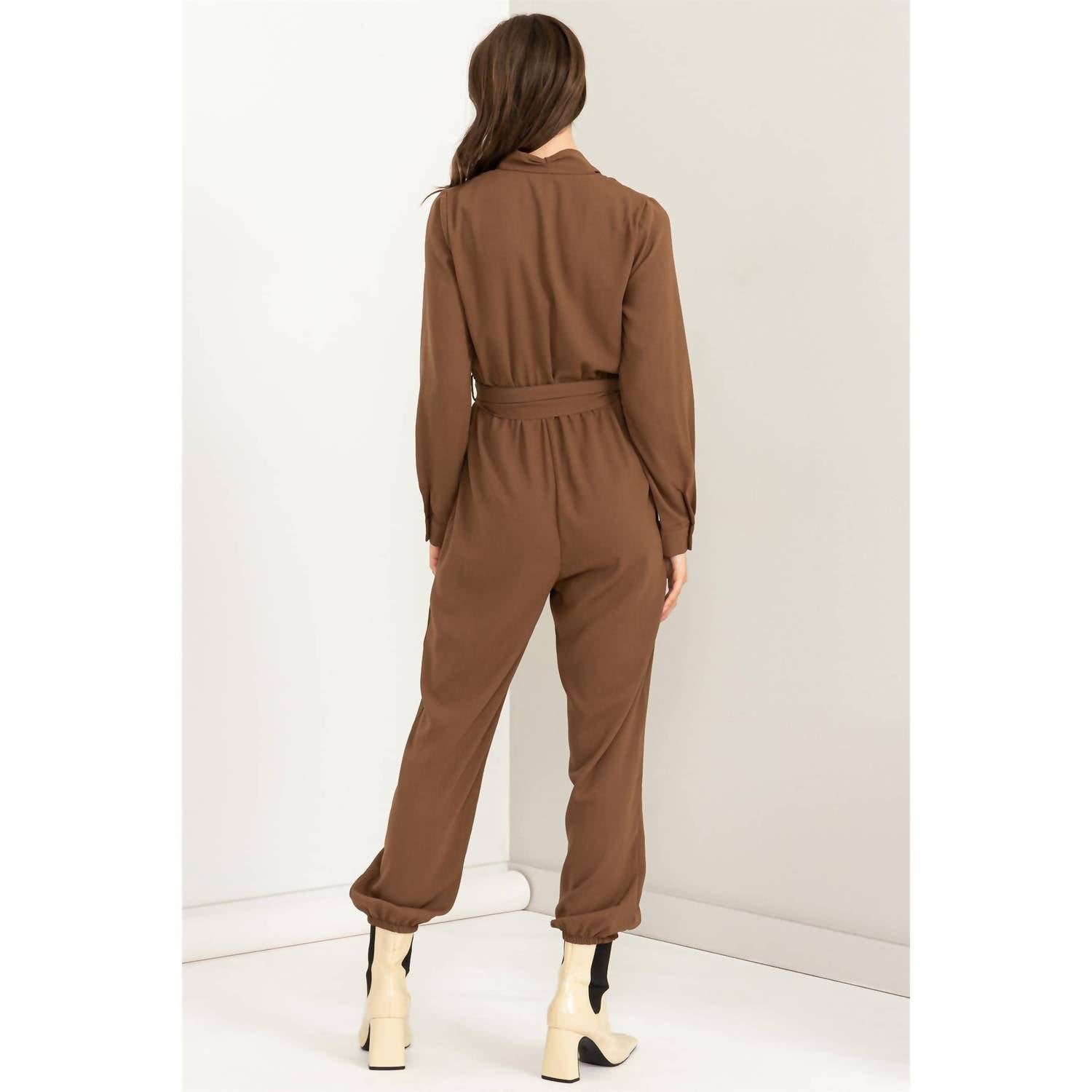 Hyfve - Weekend Outing Tie-belt Long Sleeve Jumpsuit