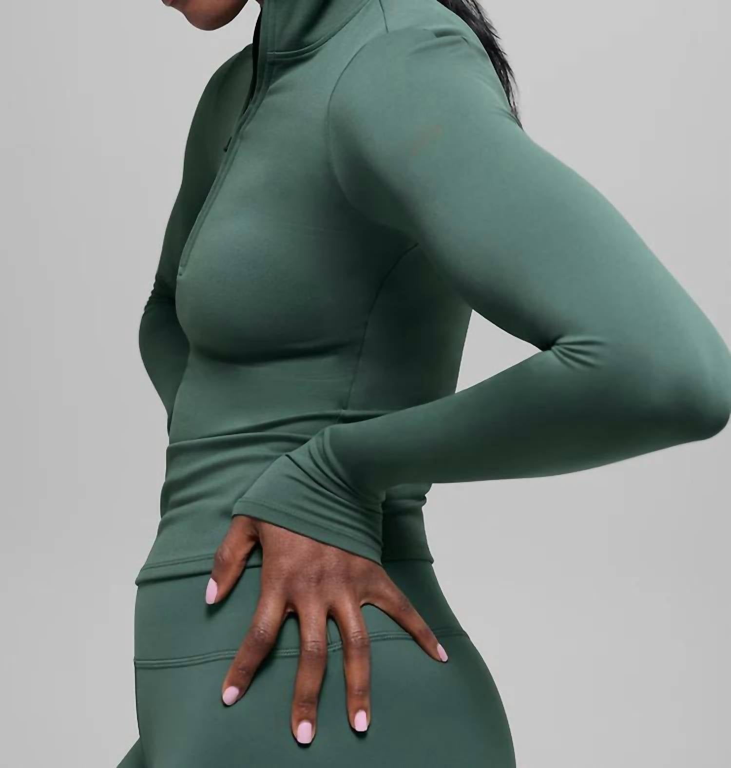 ALO YOGA Softsculpt Precision 1/4 Zip Long Sleeve Top in clover green - women's long sleeve top - alternate view