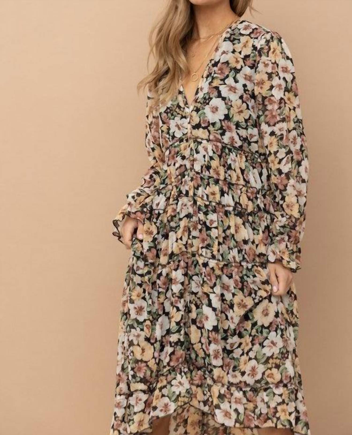 Blue B Floral Print Chiffon Tiered Maxi Dress in black floral - women's dress - view 7