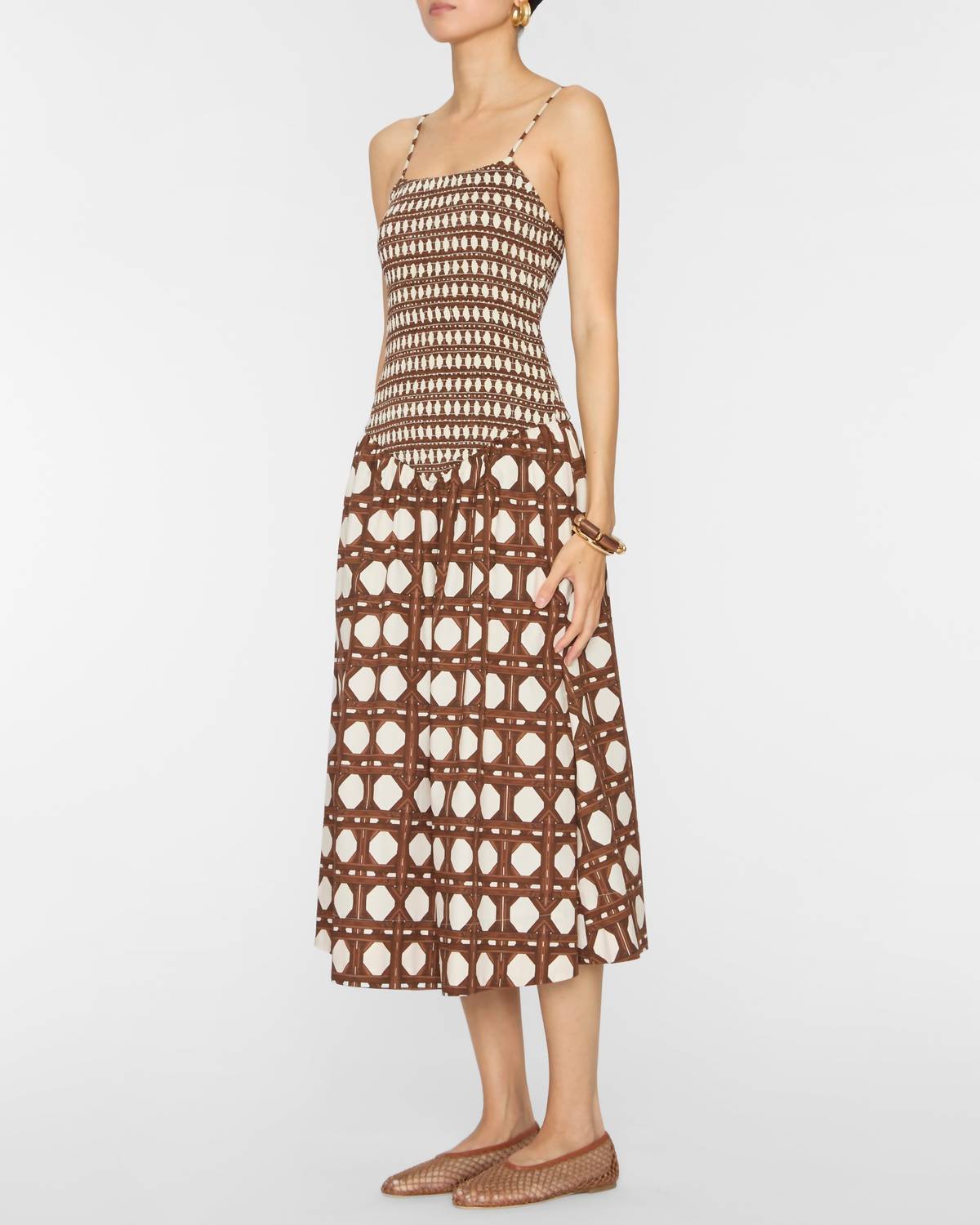 Misa Los Angeles Roxie Midi Dress in choco rattan pop mix - women's dress - detail view