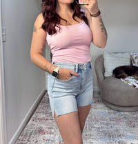 Risen - Cassie High Rise Side Slit Raw Cut Hem Denim Shorts