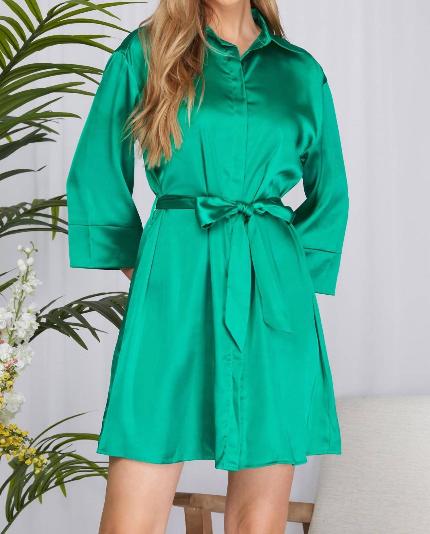 SHE + SKY 3/4 Sleeve Hidden Button Dress in emerald - women's dress