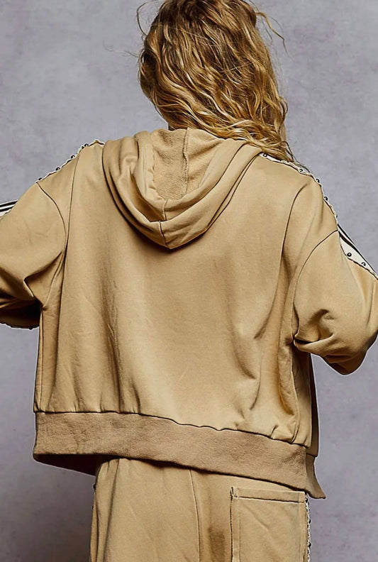 Pol - French Terry Striped Elastic Side Studded Jacket And Jogger Set