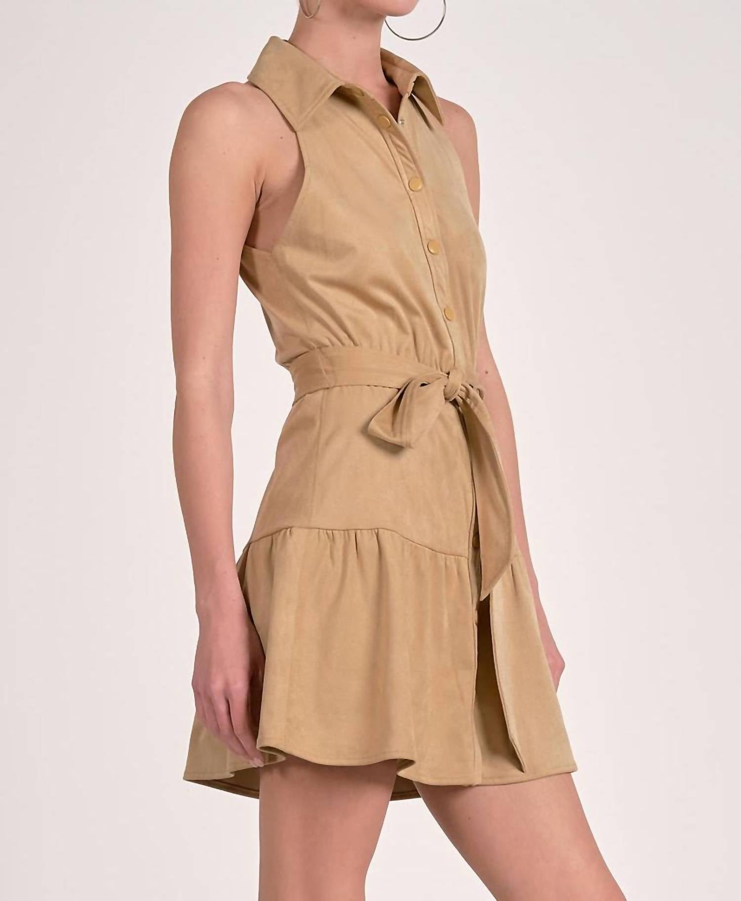 ELAN Faux Suede Halter Mini Dress in sand - women's dress - alternate view