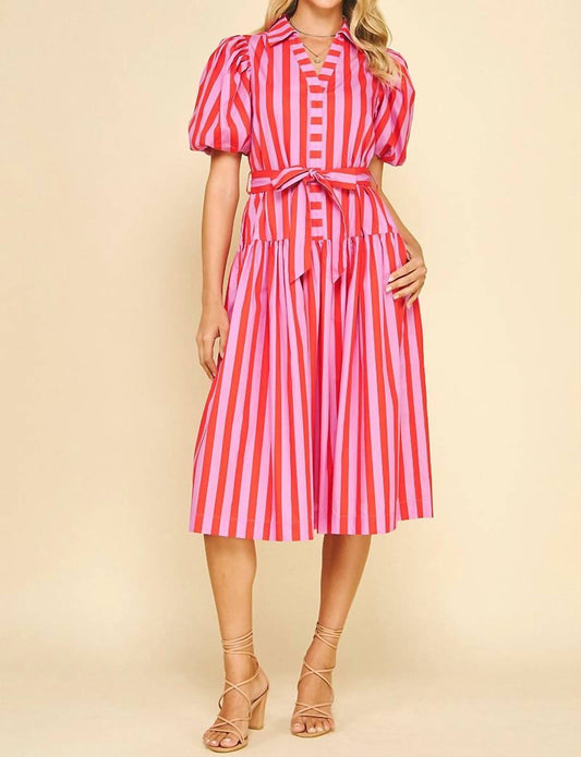 Pinch - Sweet Love Striped Balloon Sleeve Midi Dress