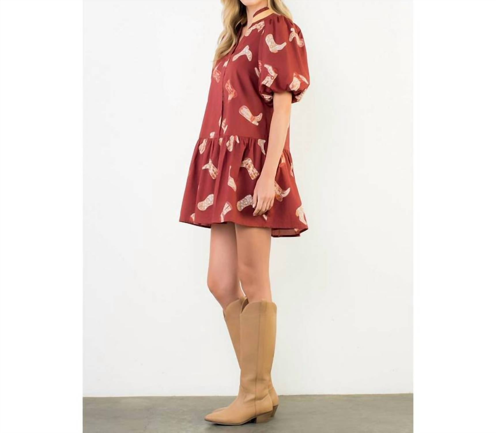 THML Puff Sleeve Boots Print Dress in burgundy - women's dress - view 4