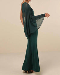 Lulus Majestic Attitude Cape Sleeve One-shoulder Maxi Dress in emerald - women's dress - detail view