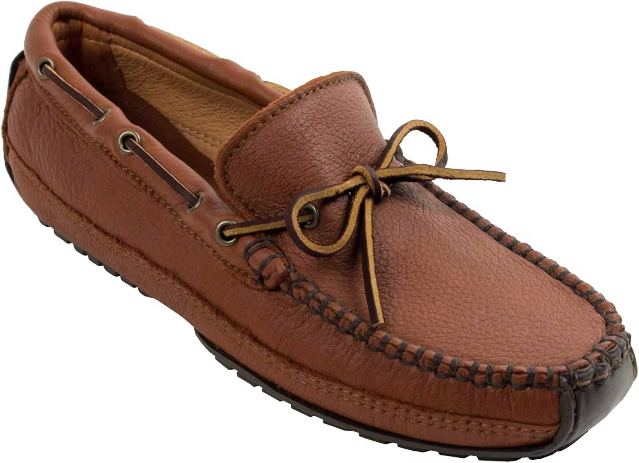 MINNETONKA Men's Moosehide Weekend Moccasin in brown - men's loafer - detail view