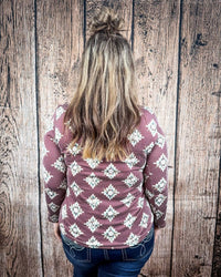 Sterling Kreek High Plains Aztec Top in cranberry - women's long sleeve top - detail view