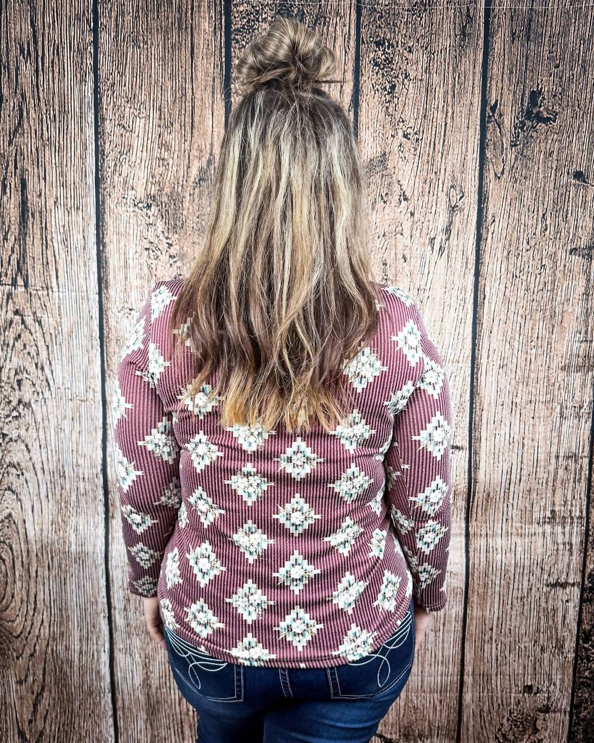 Sterling Kreek High Plains Aztec Top in cranberry - women's long sleeve top - detail view