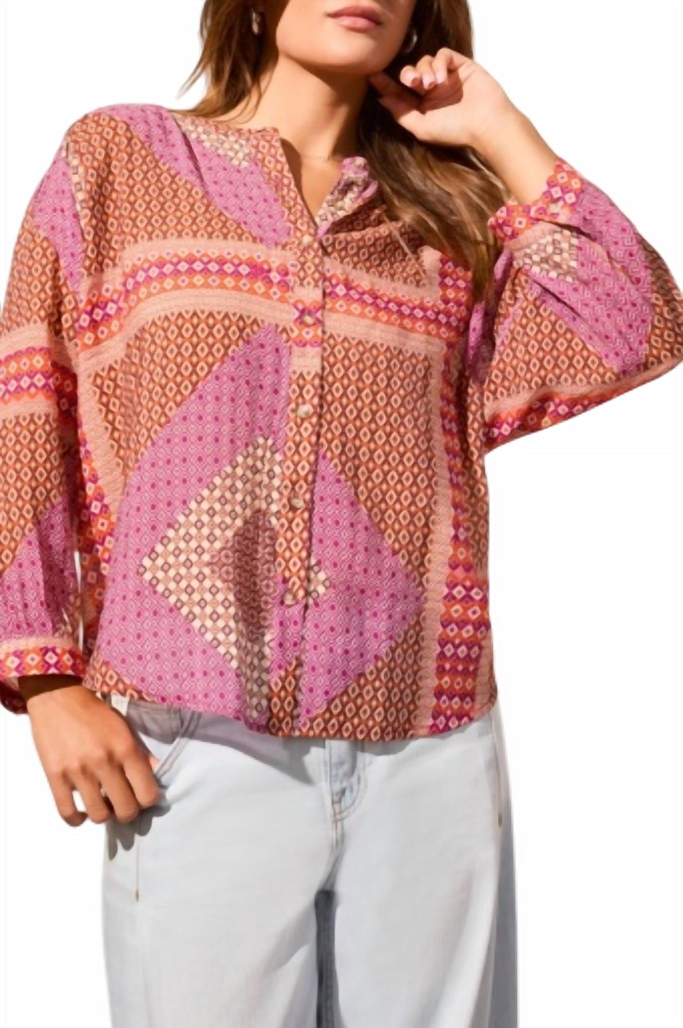 Tribal - Flowy Dolman Sleeve Blouse With Self-covering Buttons