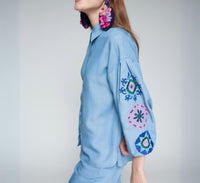 Vilagallo Button Down Embroidered Long Sleeve Blouse in light blue - women's blouse - detail view
