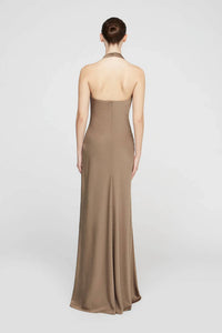 HALSTON HERITAGE Sid Satin Halter Gown with Crystals in sandstone - women's dress - detail view