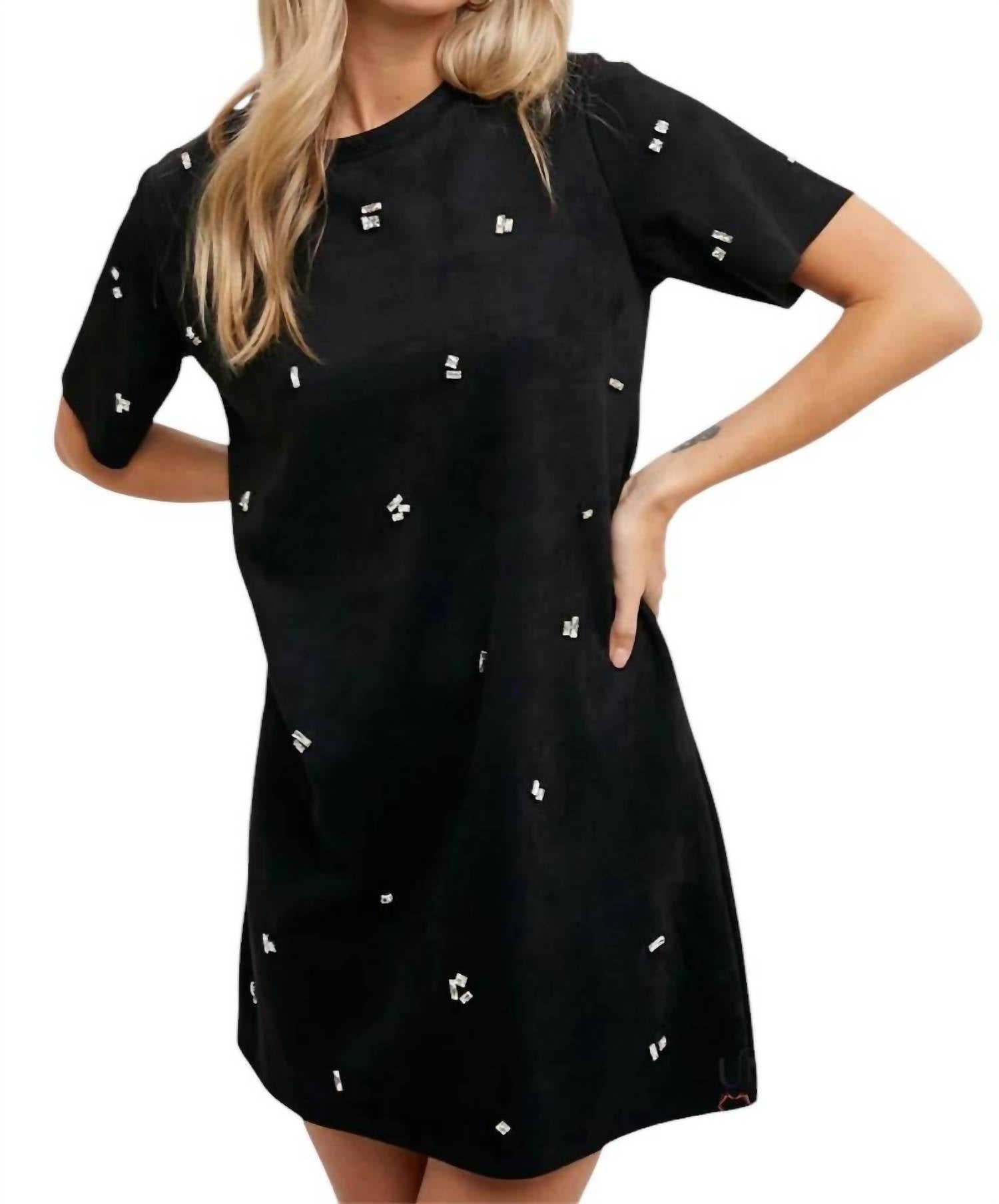 Bluivy - Elle Rhinestone Embellished Suede Shift Mini Dress