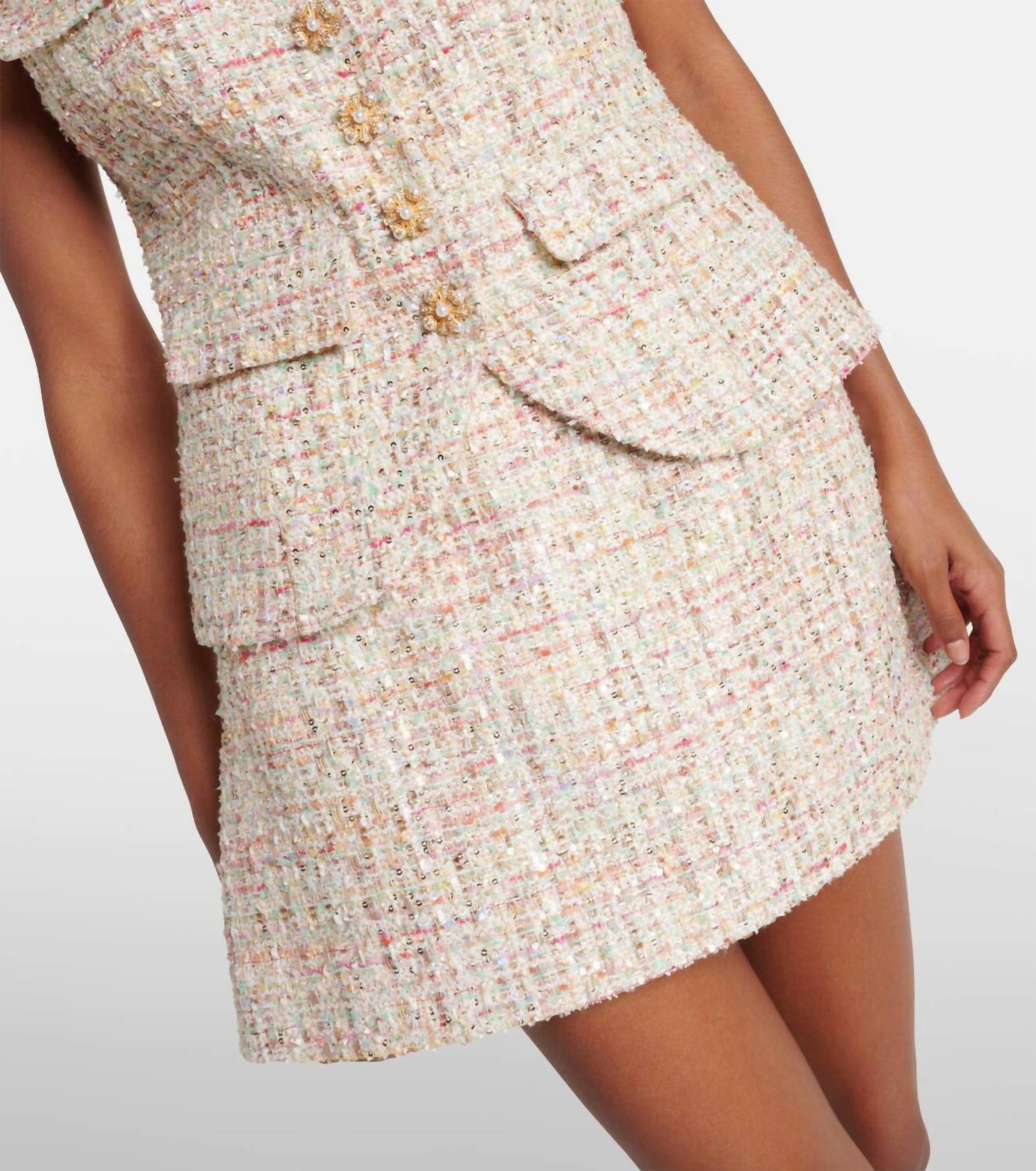 self-portrait Embellished Bouclé A-line Mini Dress in cream - women's dress - view 5