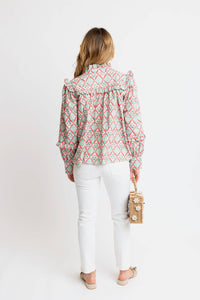 Karlie Paris Floral V-Neck Ruffle Top in green - women's long sleeve top - alternate view