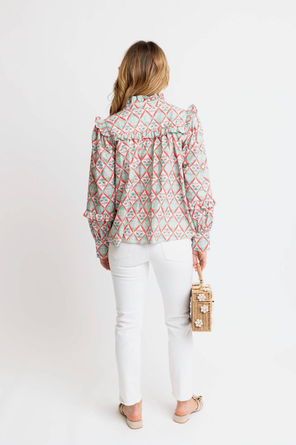 Karlie Paris Floral V-Neck Ruffle Top in green - women's long sleeve top - alternate view