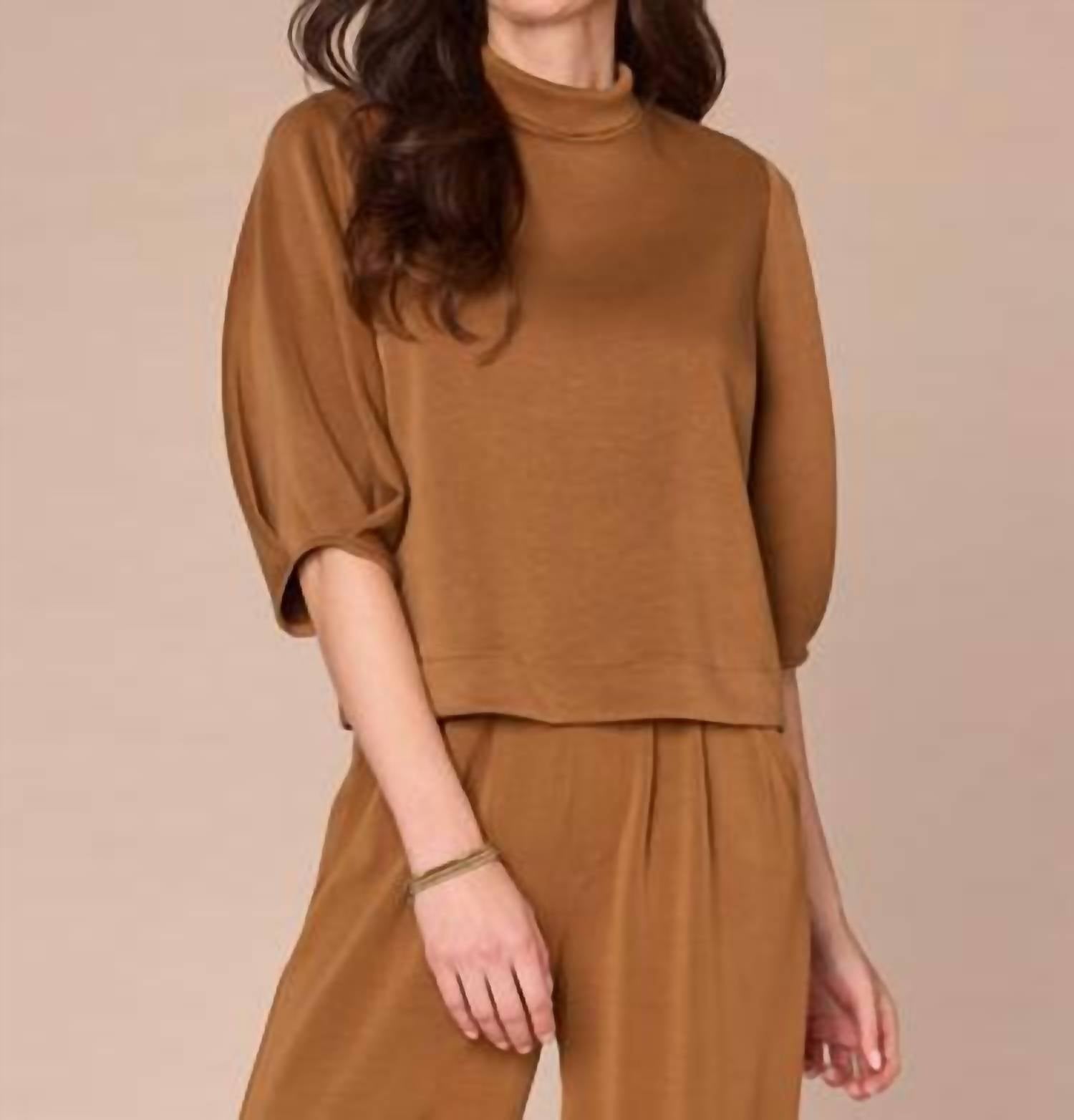 Democracy - Pleated Elbow Sleeve Mock Neck Cropped Hem Knit Top