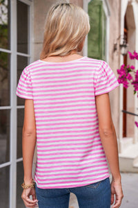Shewin - Striped V Neck Ruffle Top