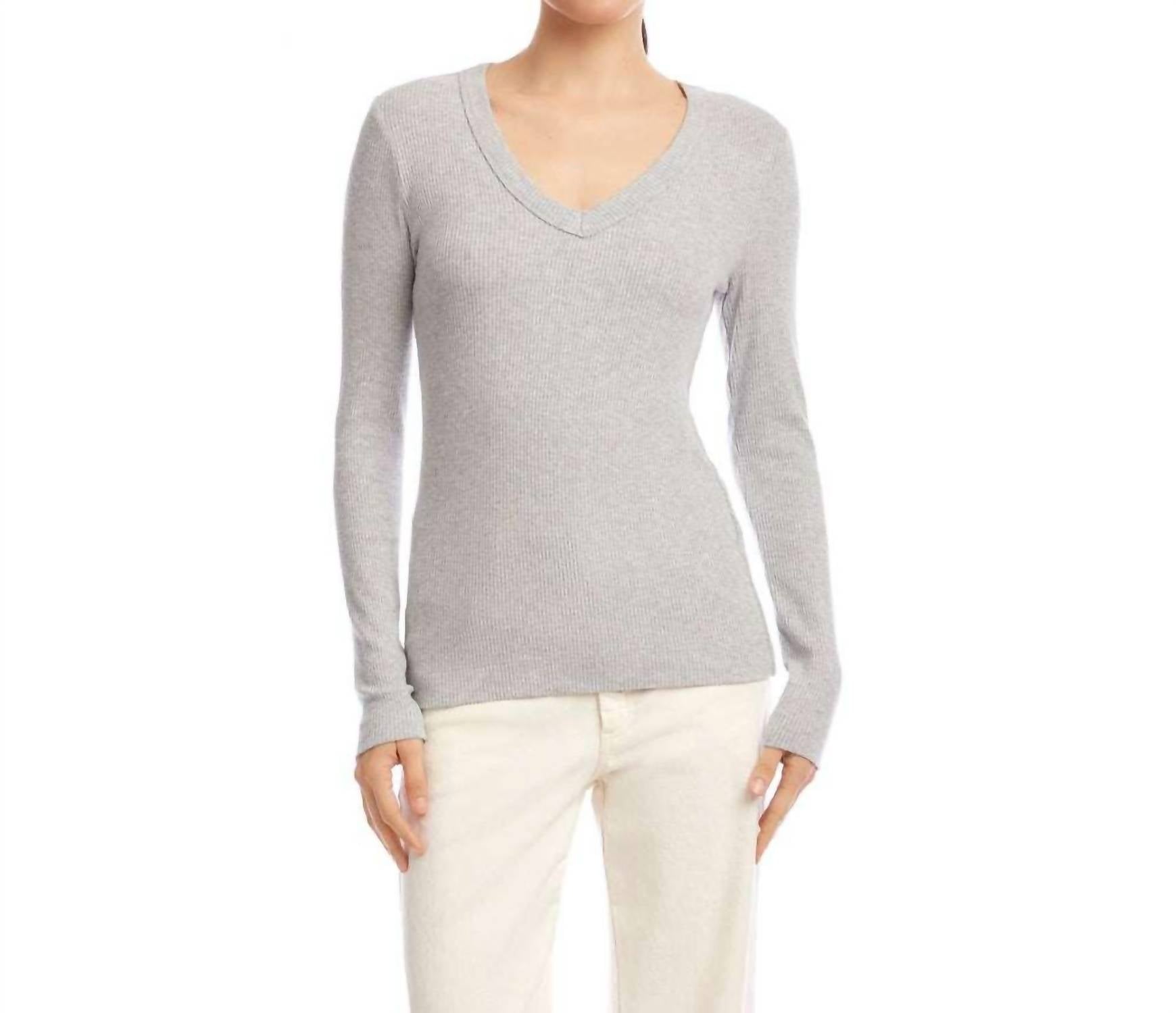 Karen Kane Long Sleeve Ribbed V-neck Top - Petite in heather gray - women's long sleeve top