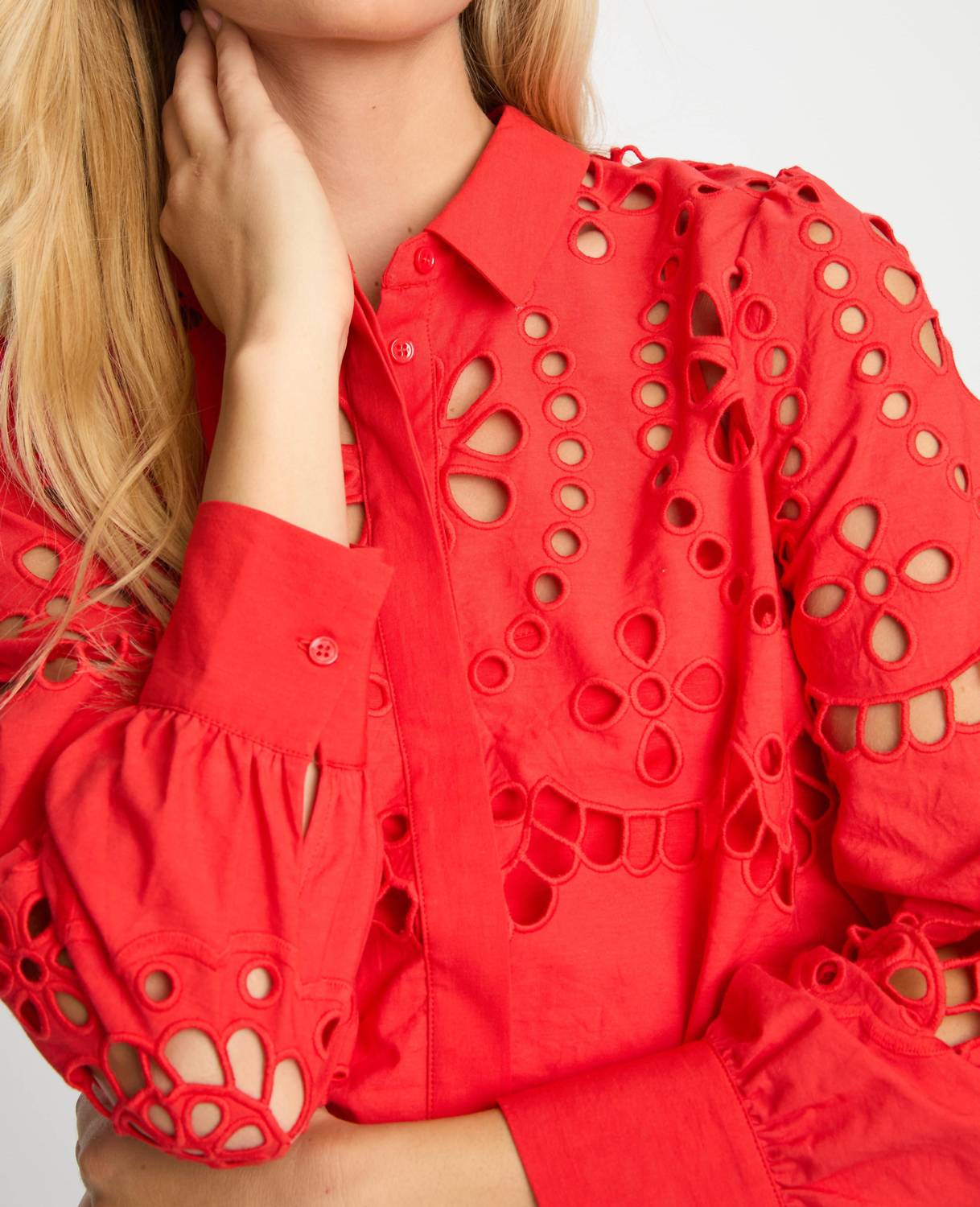 CABALLERO Emmie Eyelet Top in poppy red - women's shirt - alternate view