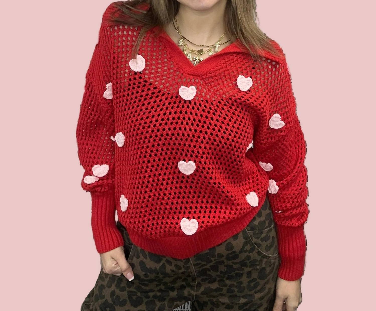 Aaron & Amber Crochet Heart Embellishment Sweater in red - women's sweater - alternate view