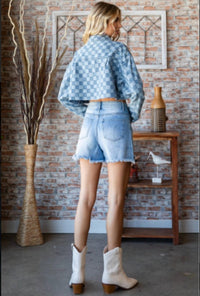 Veveret - Denim Check Print Crop Shirt Jacket