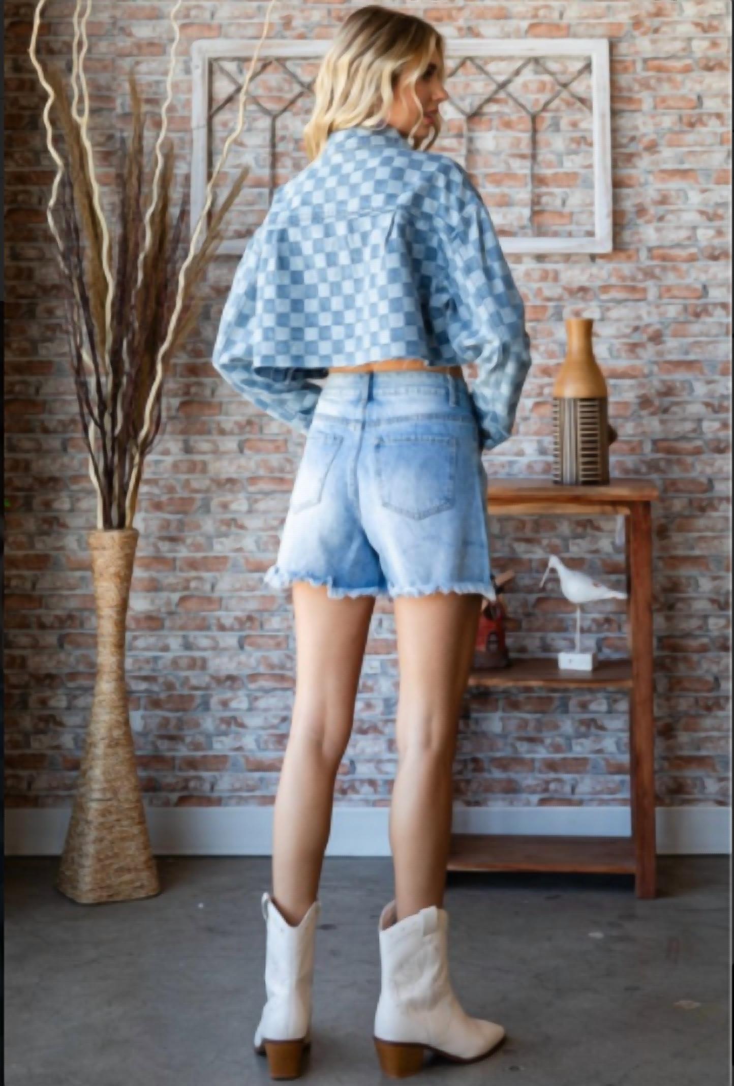 Veveret - Denim Check Print Crop Shirt Jacket