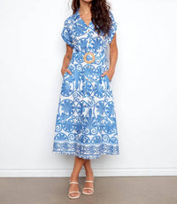 Charlie B - Printed Eyelet Cotton Short Sleeve Dress With Belt at Waist