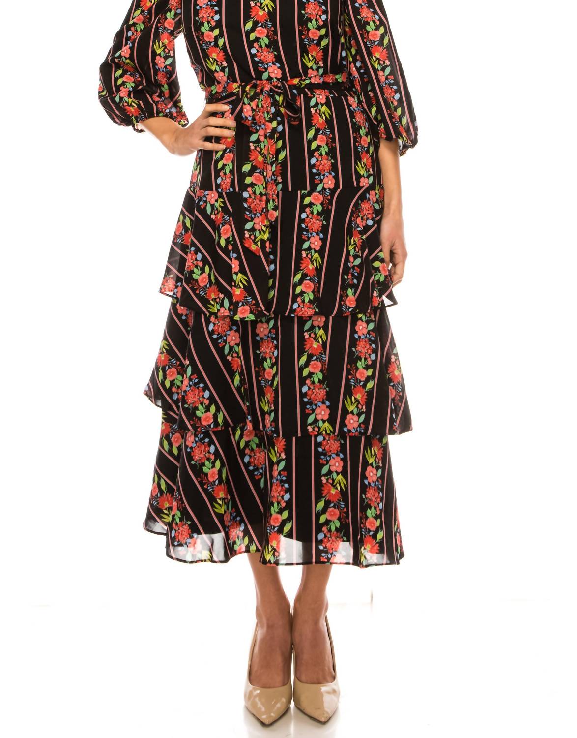 Maison Tara - Square Neck Tiered Skirt Midi Dress