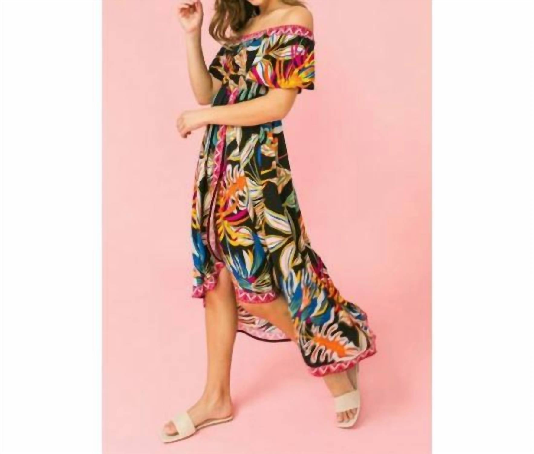 Flying Tomato - Tropical Off Shoulder Hi-lo Midi Dress