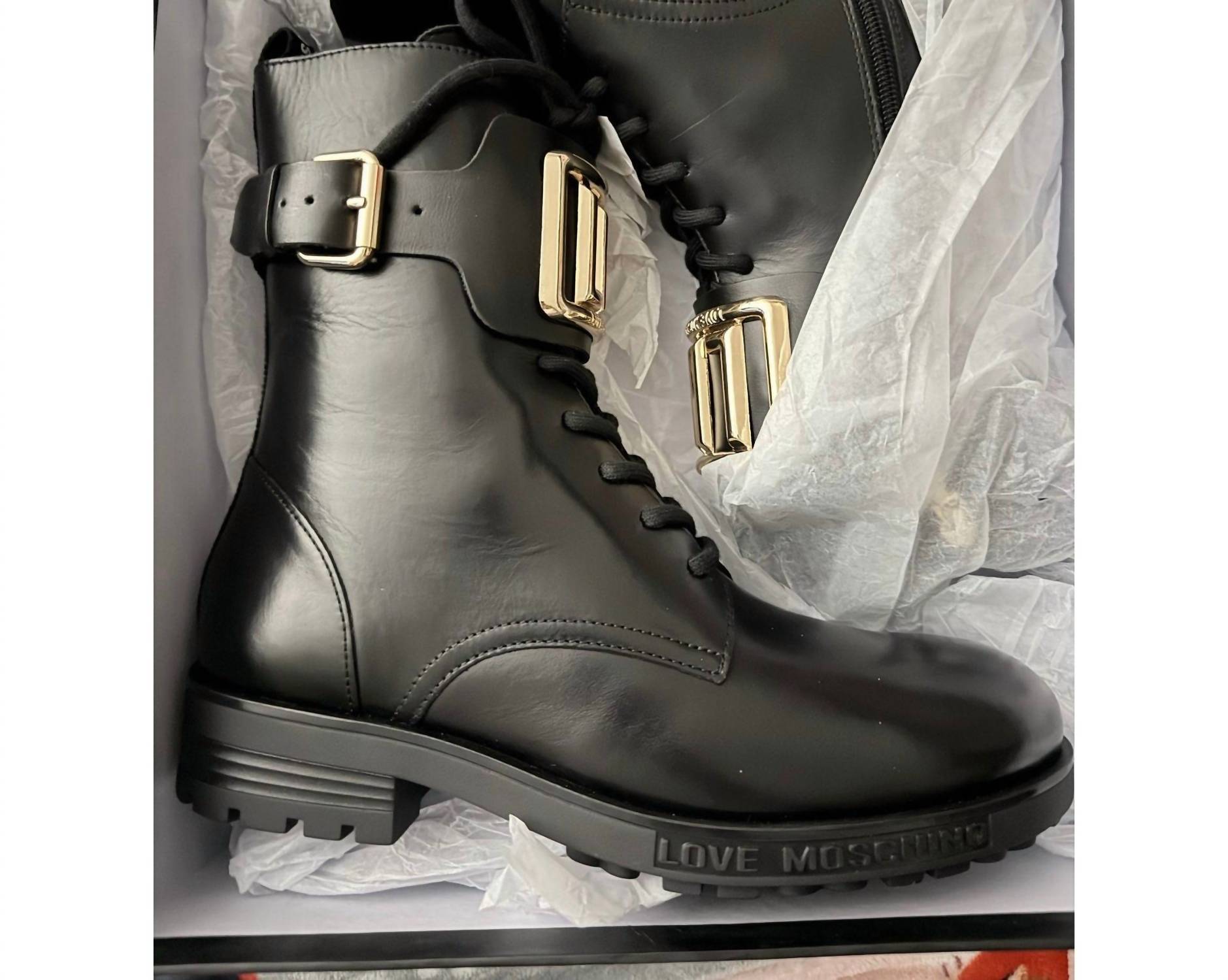 Moschino - Women’s Love Leather Combat Boots With Side Zip And Golden Detail