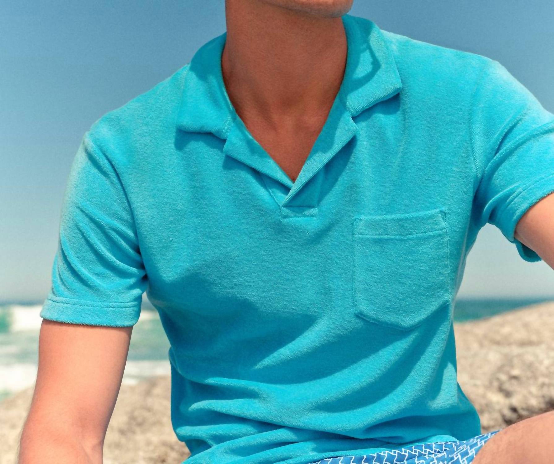 Orlebar Brown Terry Towelling Polo Shirt in aqua blue - men's shirt - alternate view