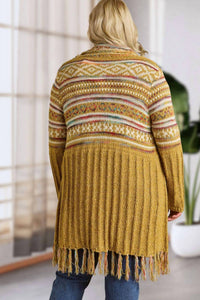 ADORA Maya Fringe Hem Aztec Cardigan -plus in mustard - women's sweater - detail view
