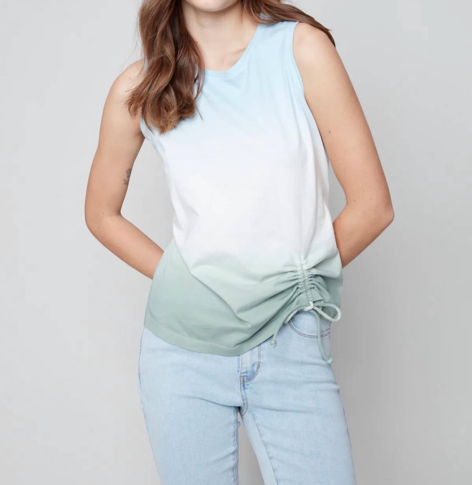 CHARLIE B Sleeveless Round Neck Cotton Top in cerulean 1 - women's tank top