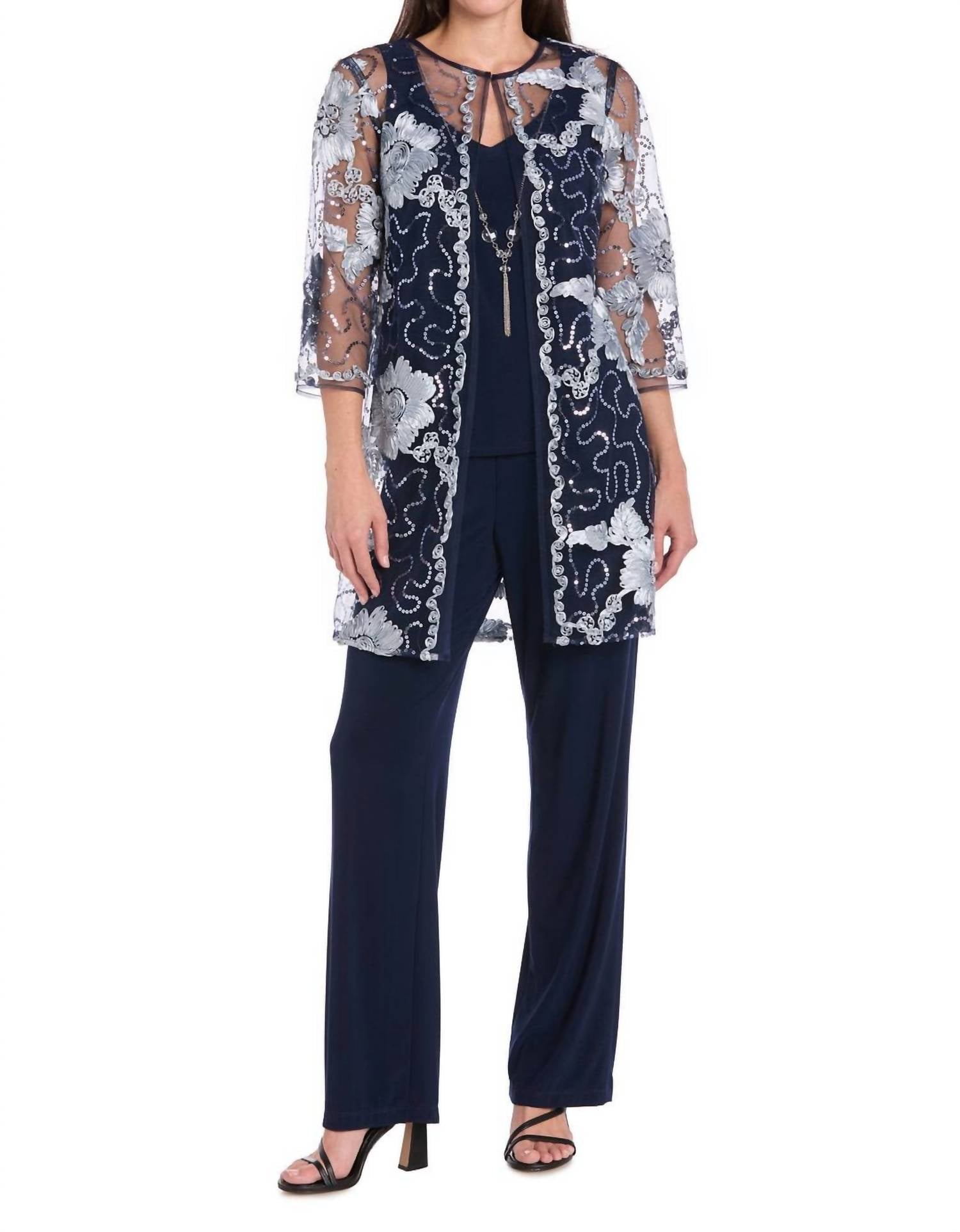R&M Richards - Embroidered Three-piece Pant Set