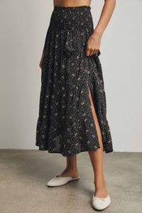 WISHLIST Floral Tiered Front Slit Midi Skirt in black mocha - women's skirt - alternate view