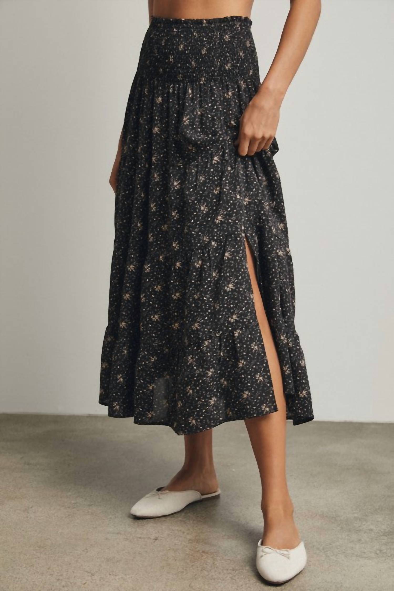 WISHLIST Floral Tiered Front Slit Midi Skirt in black mocha - women's skirt - alternate view