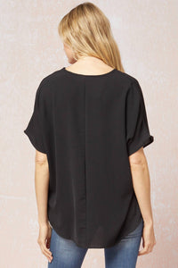 entro Solid V-neck Top in black - women's shirt - detail view