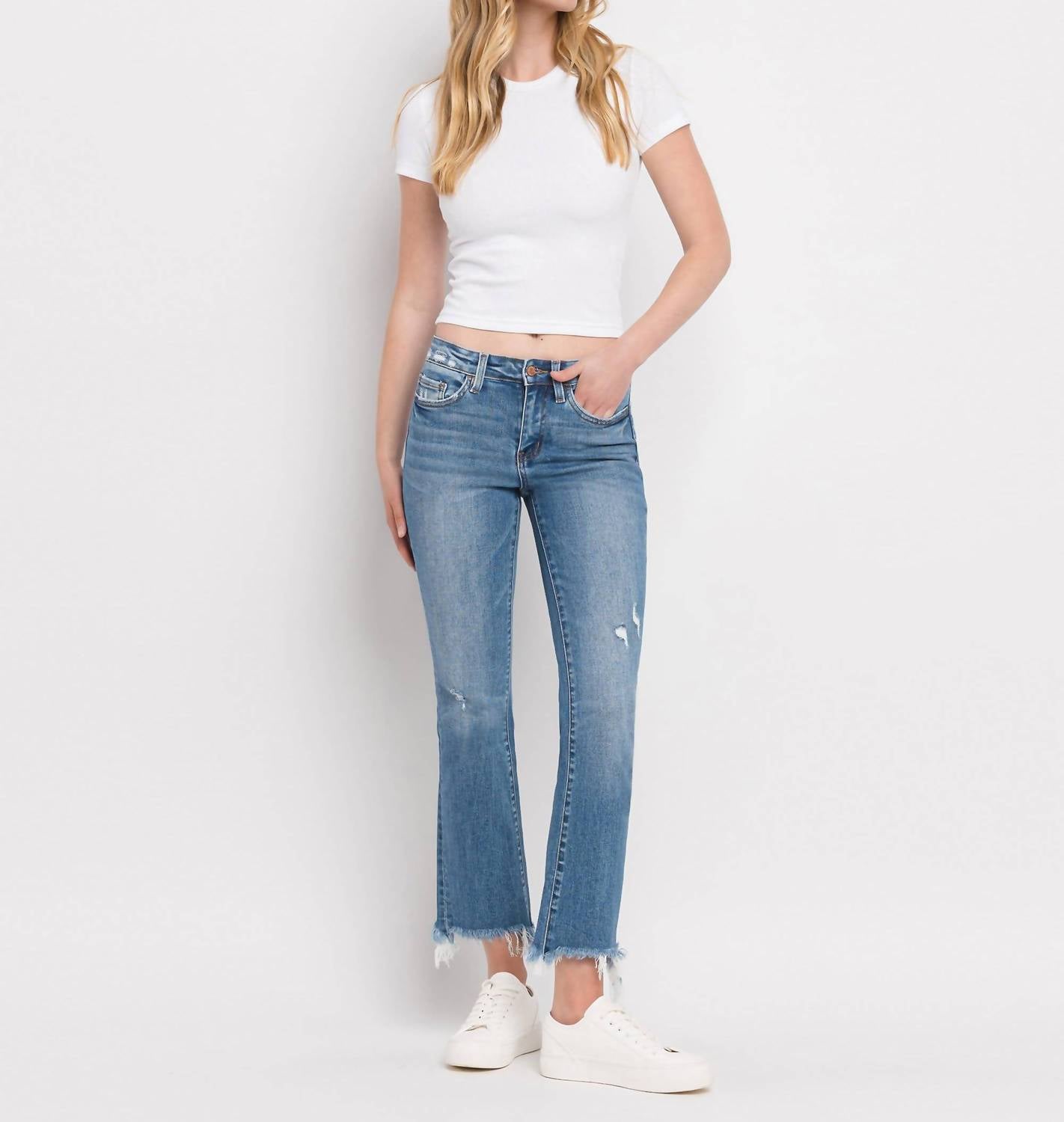 Flying Monkey - Mid Rise Distressed Hem Ankle Bootcut Jeans