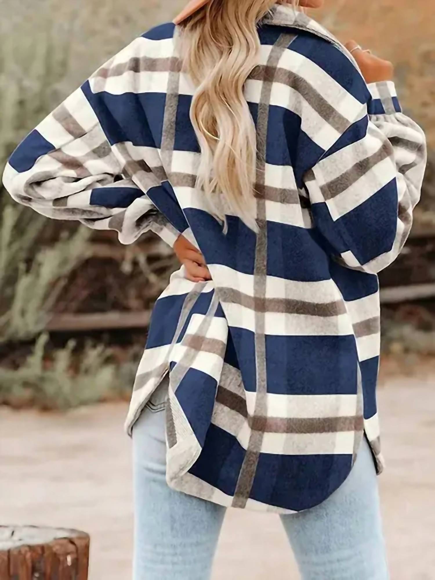 Lovesoft Women's Plaid Button Flannel Shirt in navy blue - women's shirt - detail view