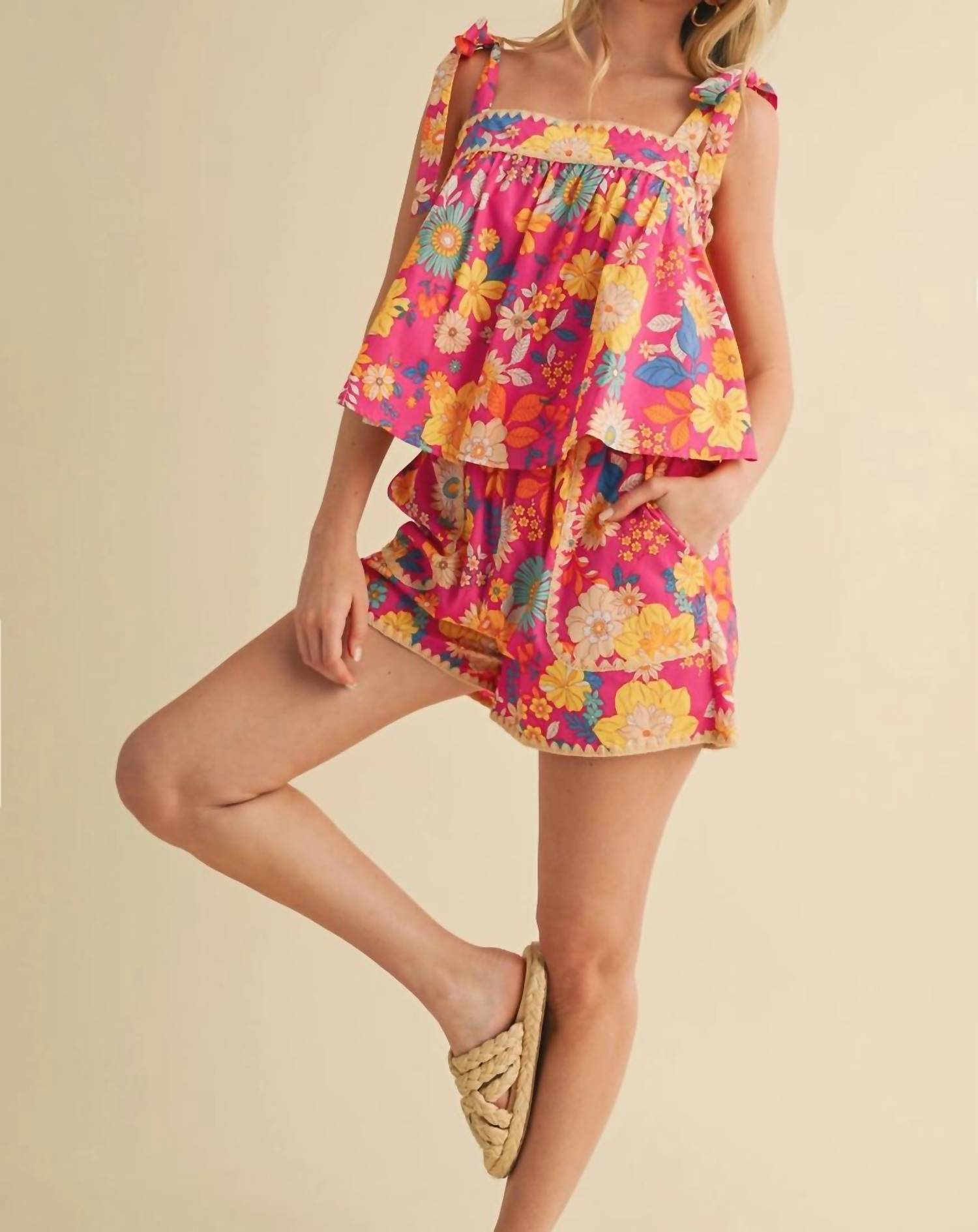 &Merci - Floral Tie Top And Shorts Set