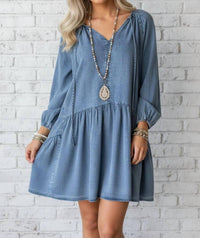 Pretty Bash - Women's Denim Puff Sleeve Tie V-neck Ruffle Dress