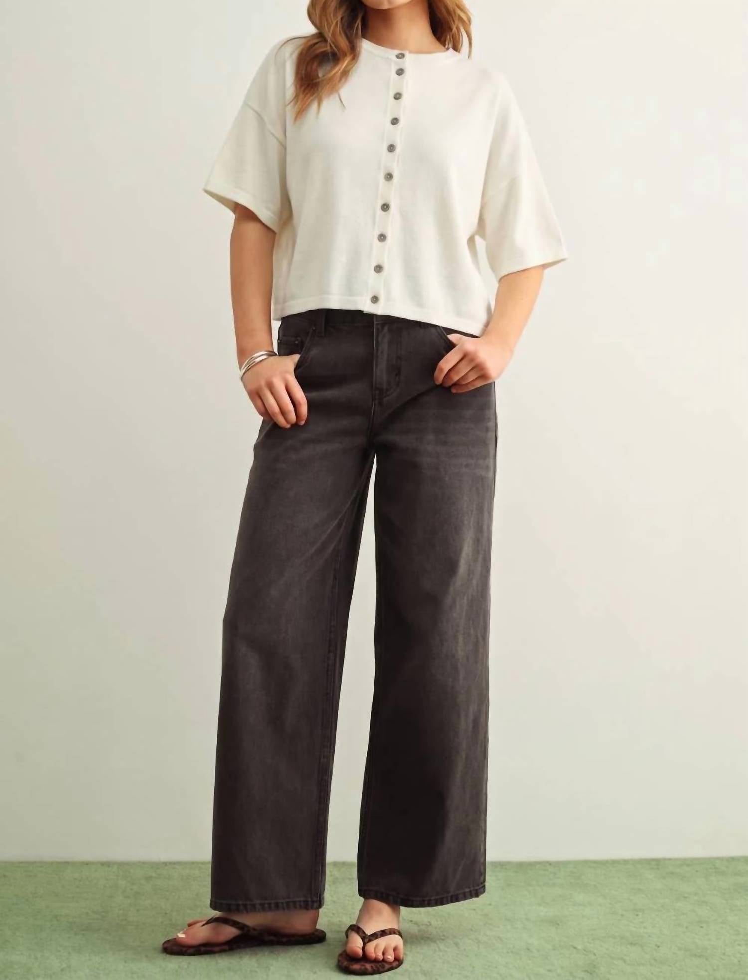 Miou Muse - Button Down Round Neck Half Sleeve Top