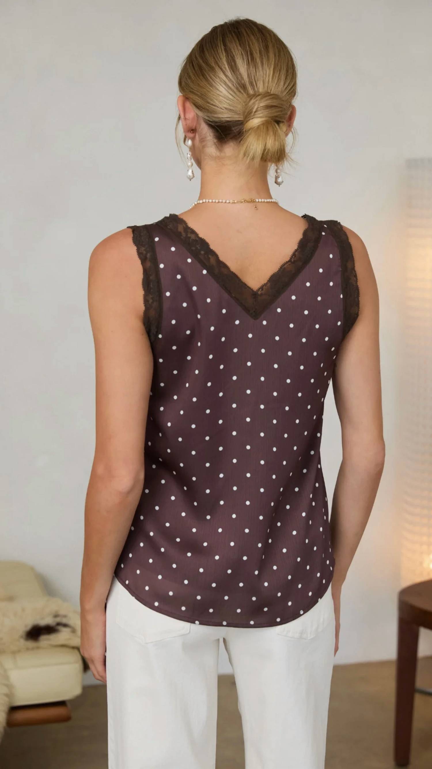 Skies Are Blue - Polka Dot Satin Lace Trim Tank Top