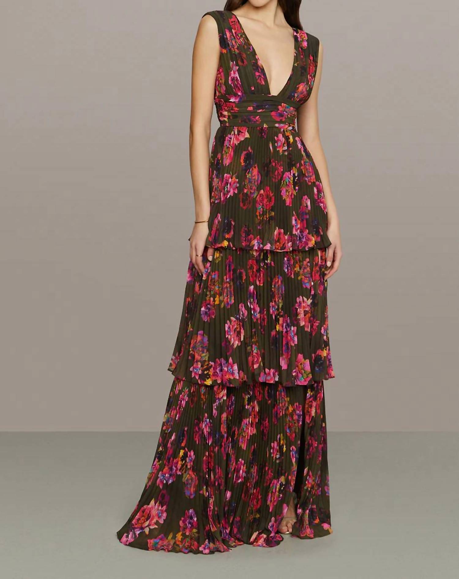 Amur - Women's Earthy Garden Fleur Deep V Pleated Gown