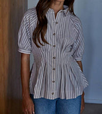 By Together - Short Sleeve Collared Button Down Cinched Waist Top